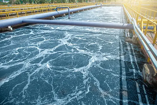 Tank or reservoir for biological purification and cleaning of dirty sewage water by active sludge. Modern technologies in wastewater treatment plant.