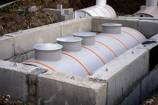 Underground plastic septic tanks with round manhole covers installed inside a concrete foundation pit at a construction site, illustrating sewage systems and waste management.