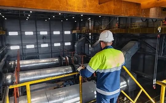 Engineer in uniform and protective helmet controls dryer industrial for iron, drying for magnetite in mining ore plant. Dewatering of copper concentrates and tailings.